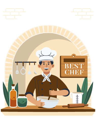 Illustration of a chef preparing food in a warm kitchen setting, representing authentic cooking and traditional Indian culinary experience.